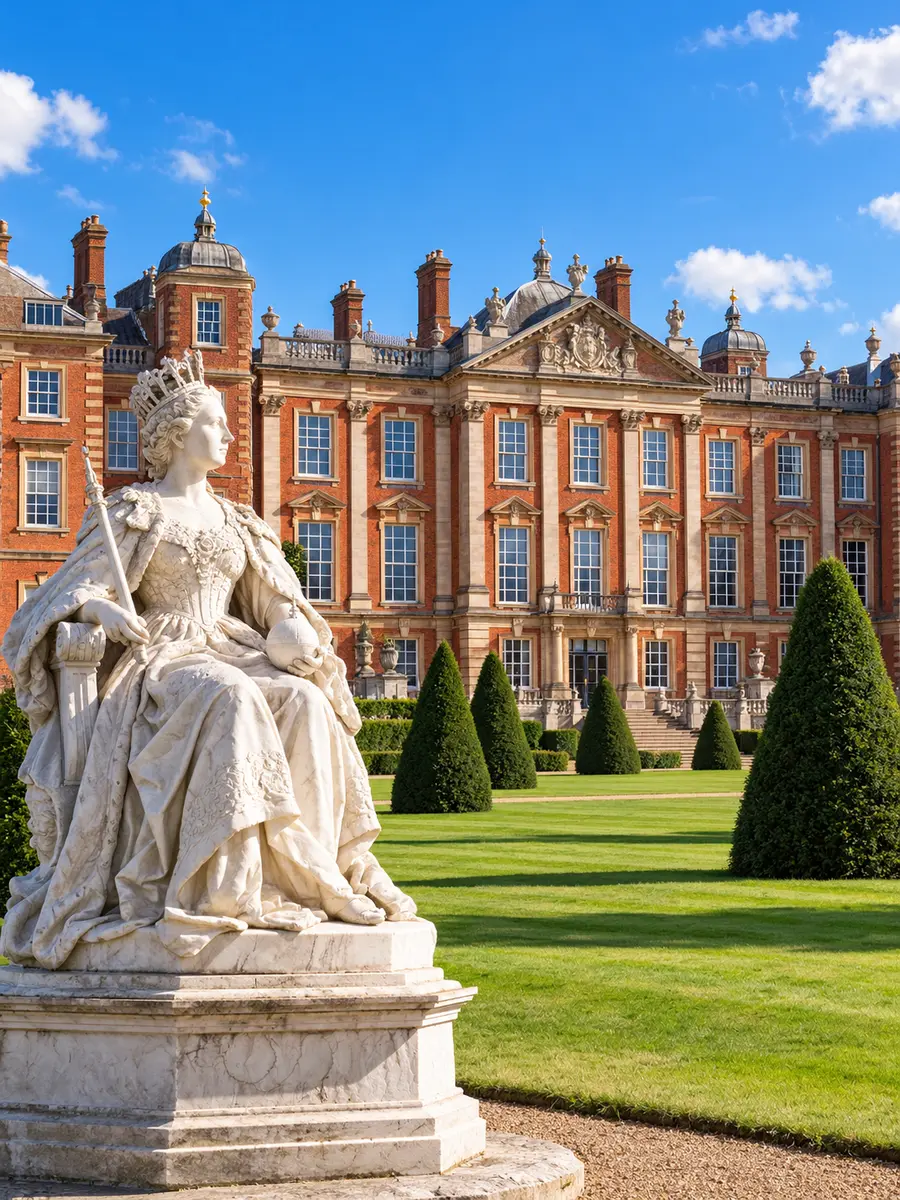 Die Backsteinfassade des Kensington Palace hinter einem Rasen mit geschnittenen Formgehölzen