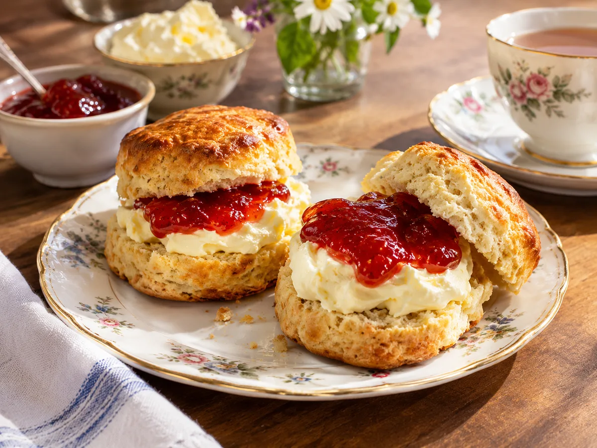 Scones con clotted cream e marmellata di fragole su un piatto di porcellana